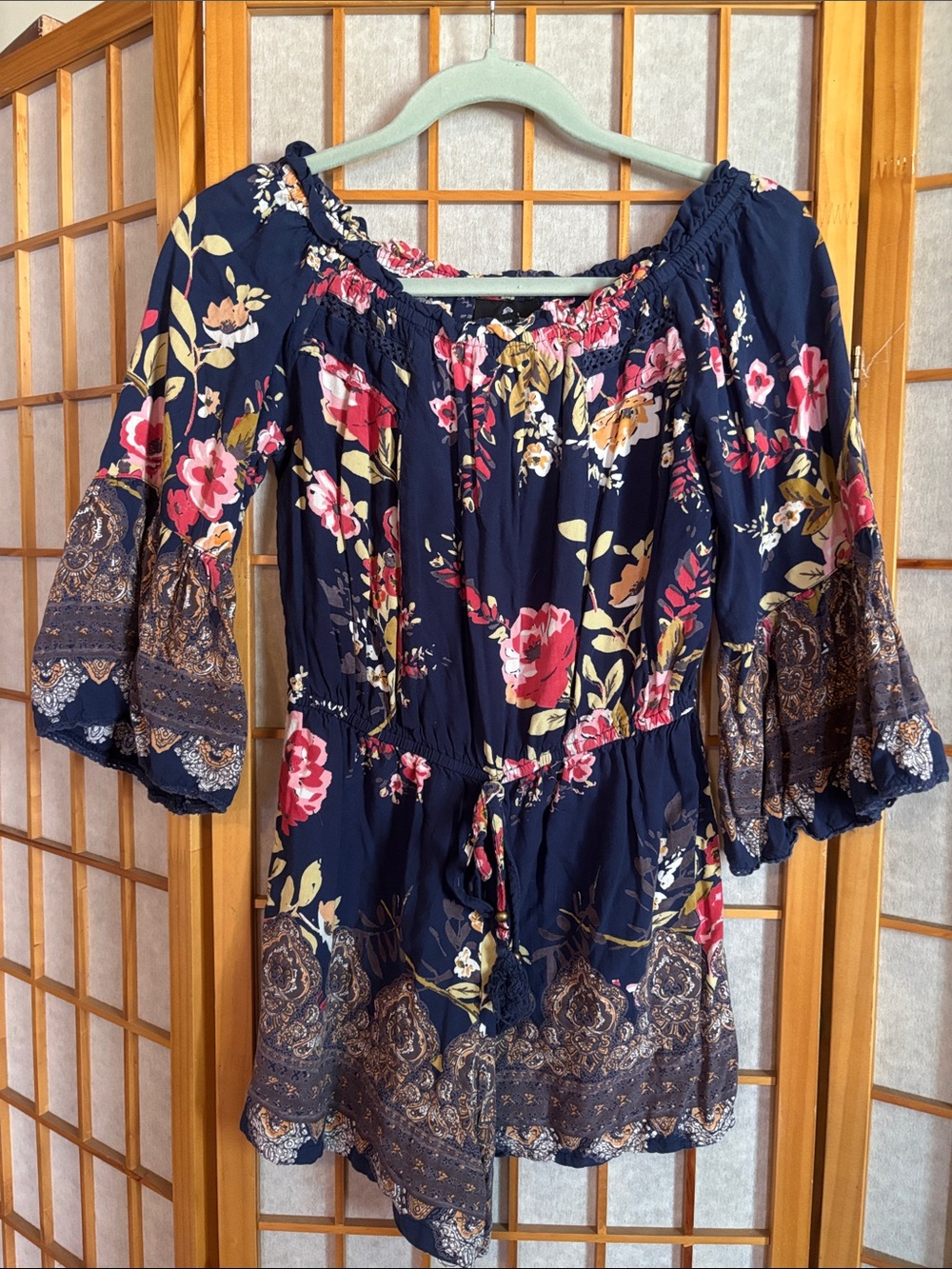 Angie Navy Floral Off-Shoulder Tunic with Pink and Cream Blooms